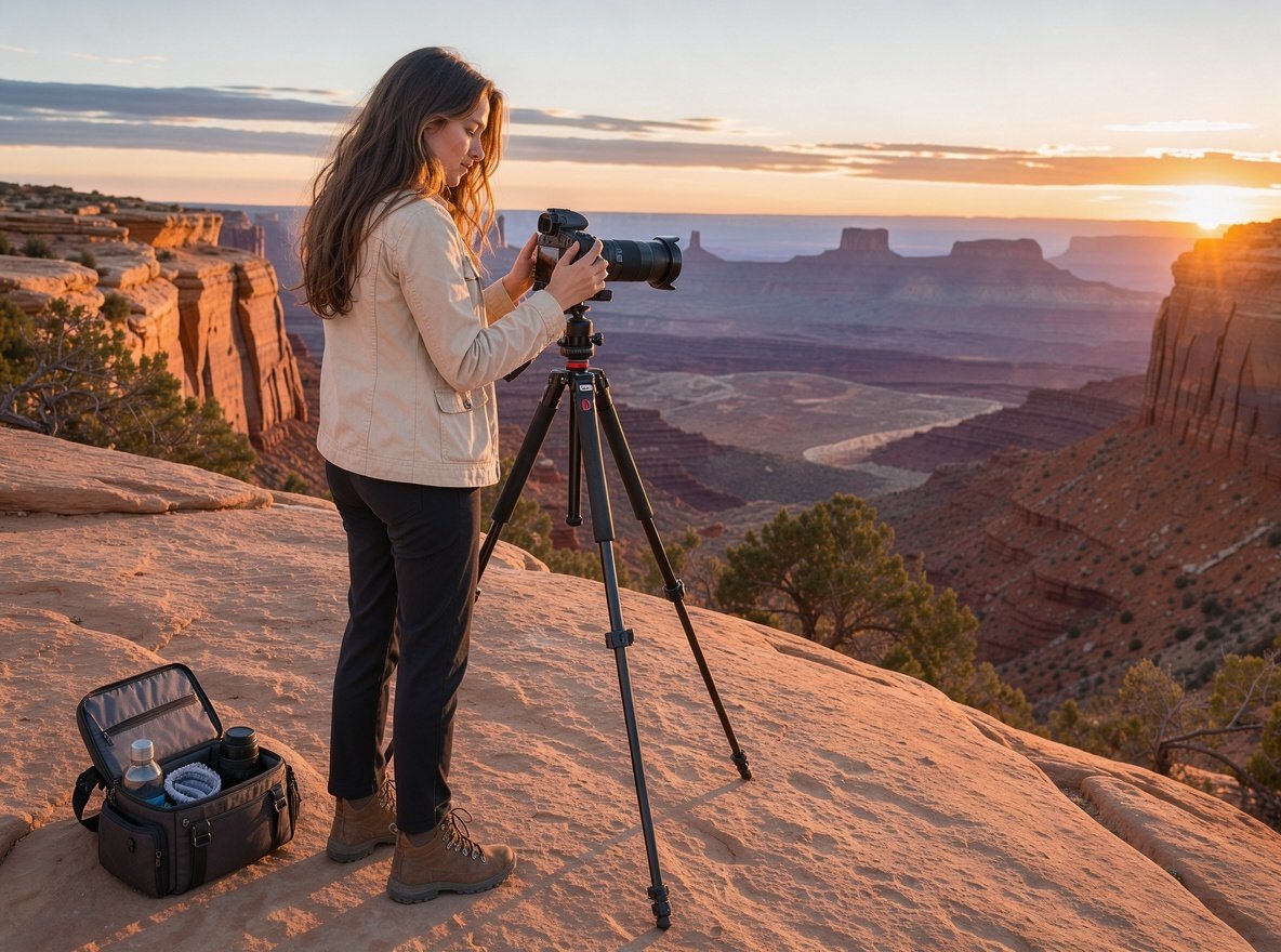 A photographer with a tripod on a sandstone ledge at sunset in Utah canyon country