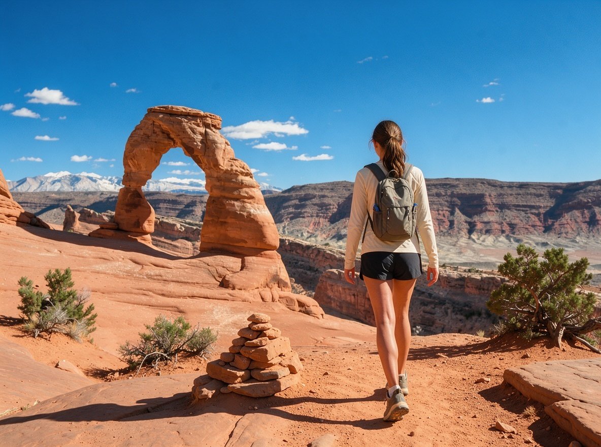 A hiker walking the sandy slickrock trail toward Delicate Arch in Arches National Park