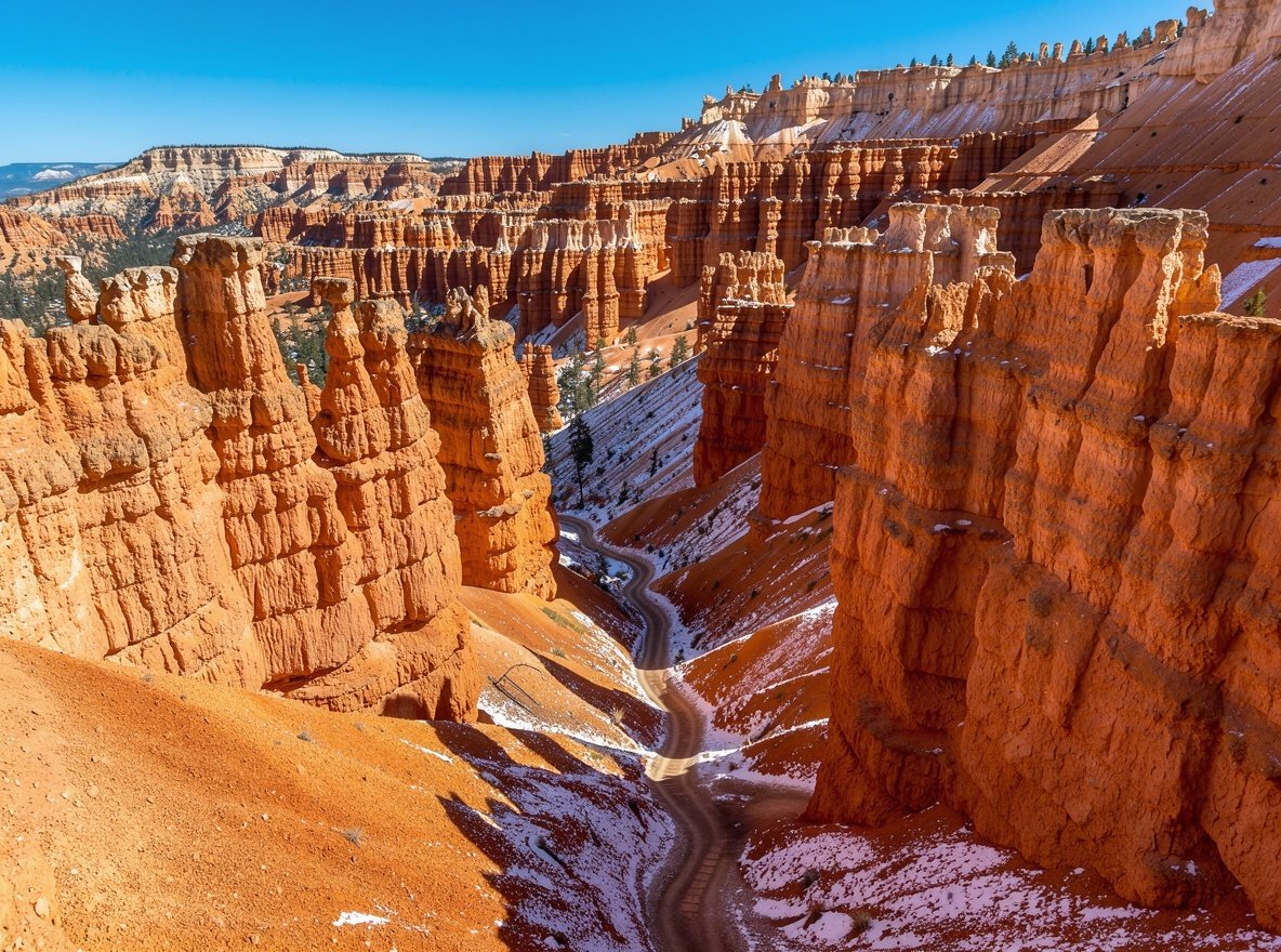 A narrow switchback trail winding between tall orange limestone hoodoos with snow at their base