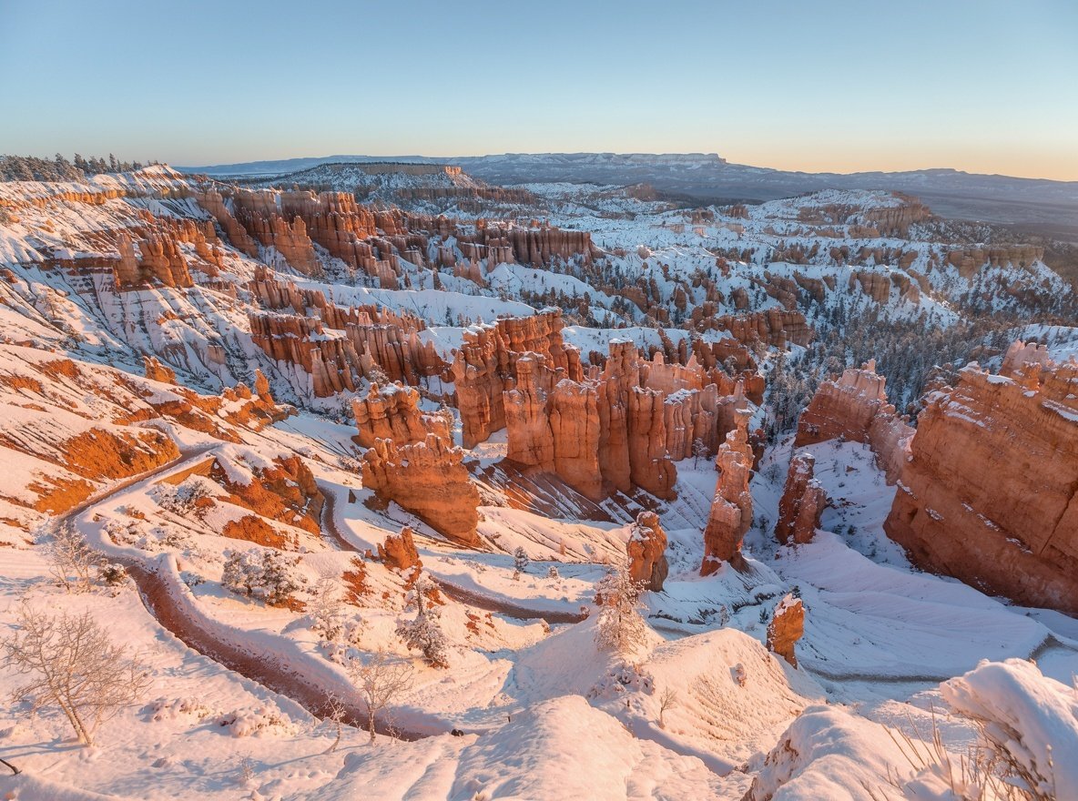 Orange hoodoos capped with fresh snow among snow-dusted ponderosa pines at Bryce Canyon