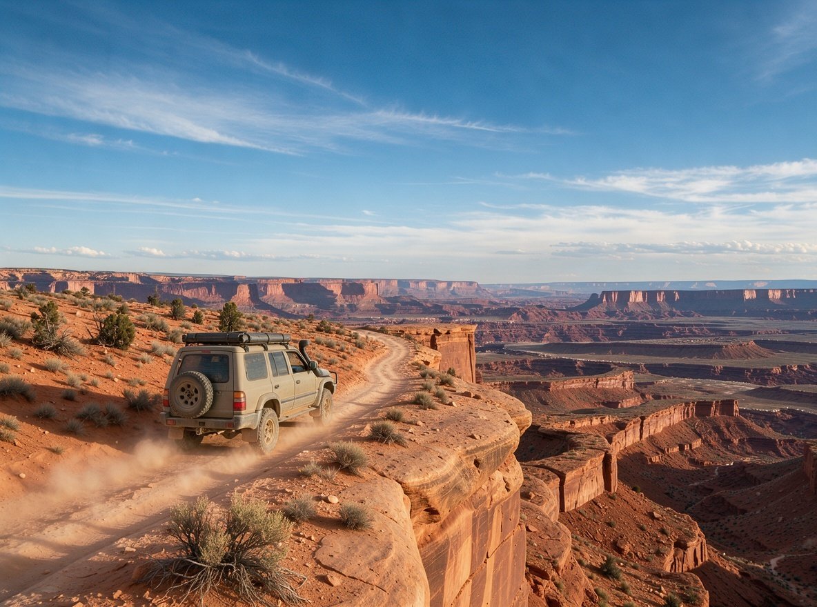 A four-wheel-drive vehicle on a dusty white rim trail above a deep red canyon