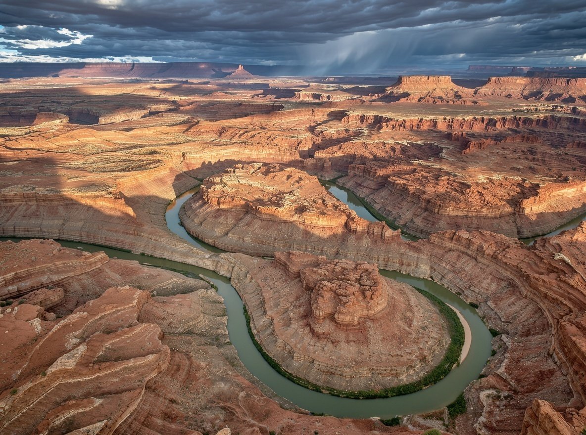 The Green River winding through remote ochre and crimson canyon walls in the Maze district