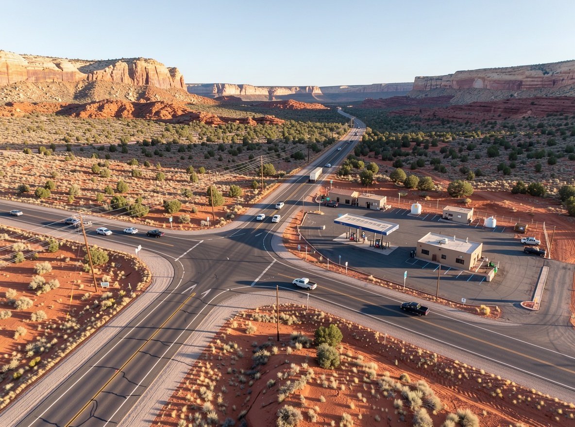 Aerial view of a scenic desert highway junction with red mesas surrounding it in southern Utah