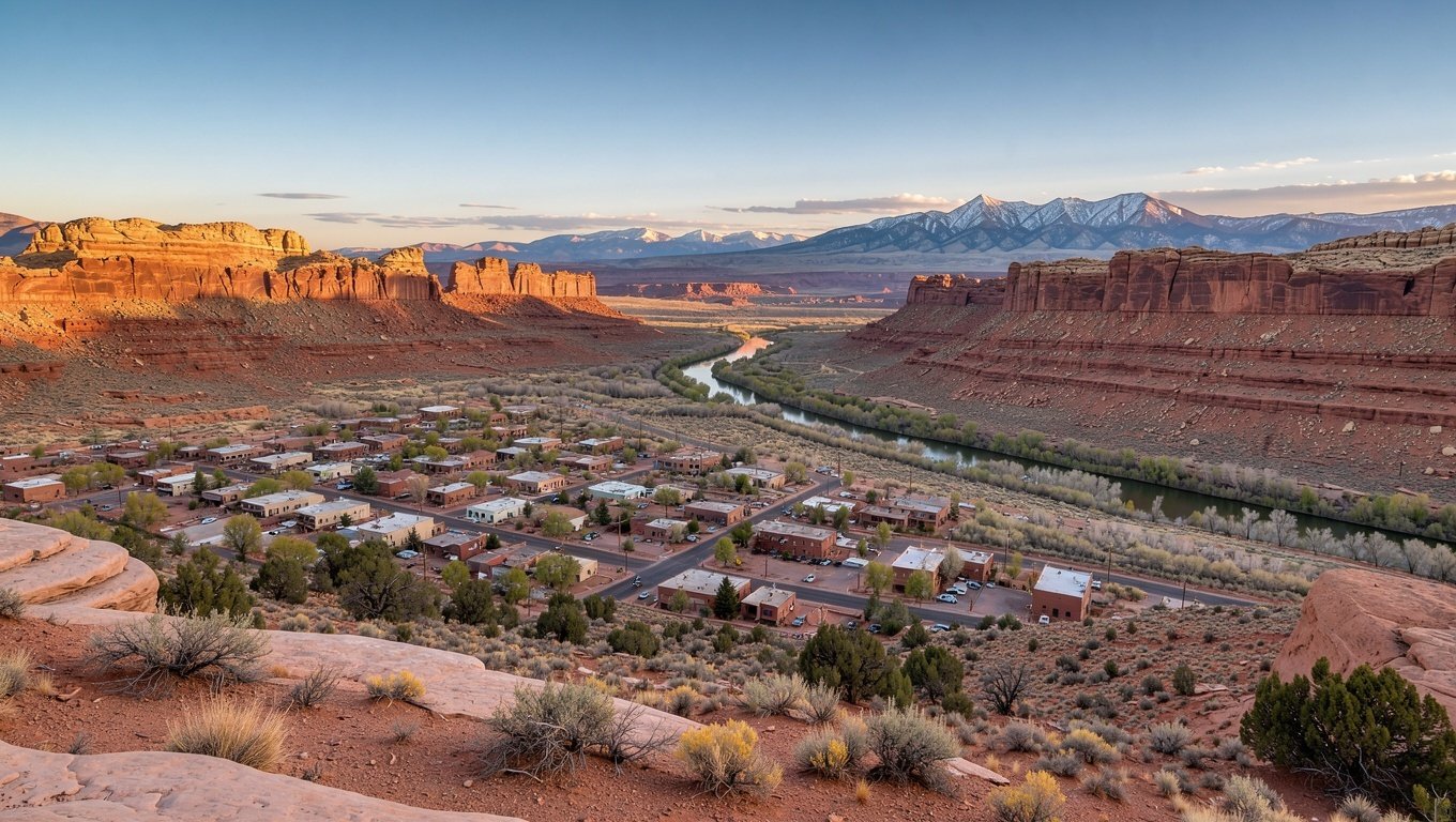 Moab, Utah at golden hour, a small desert town between towering red mesas and the La Sal mountains