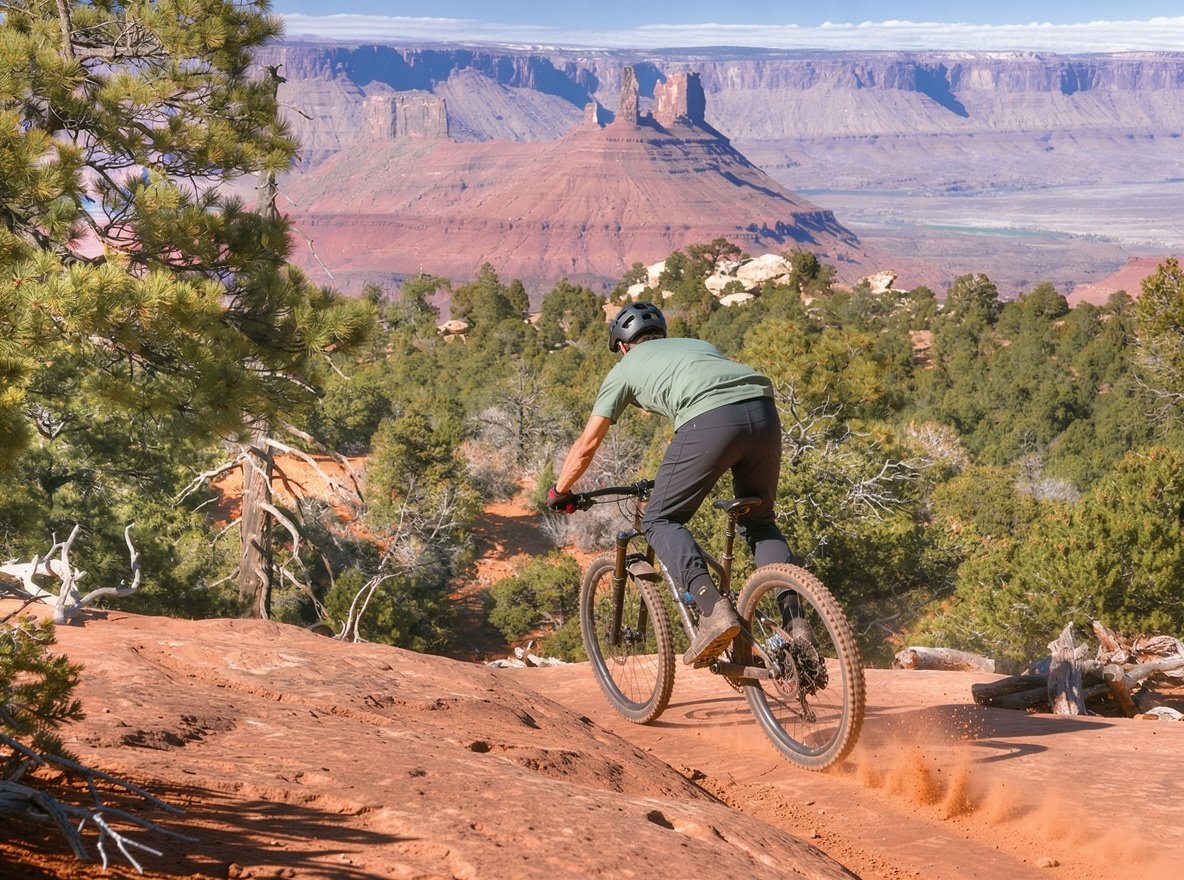 A mountain biker riding a narrow red sandstone slickrock trail above Moab with canyons behind