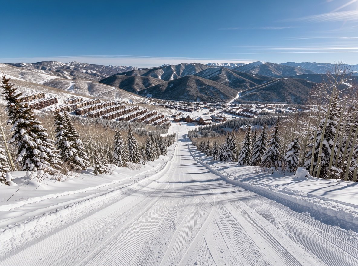 Wide groomed ski slopes on a sunny Wasatch mountain with powder snow and a resort village below