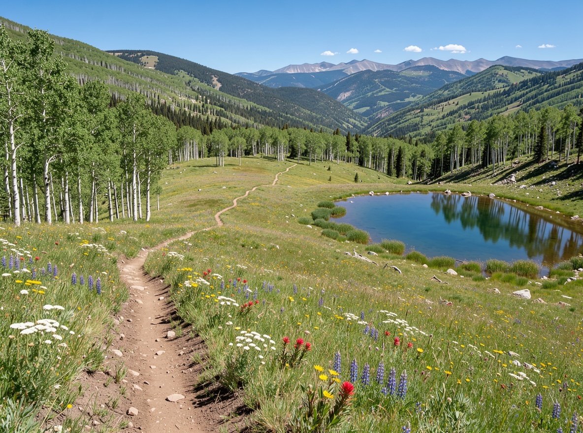 Green aspen forests and wildflower meadows with a winding mountain bike trail in Park City in summer