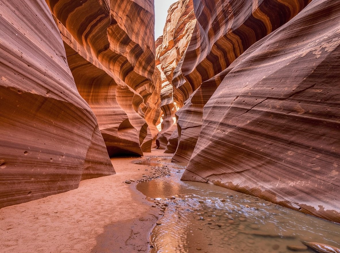 Sculpted cream and rust sandstone walls of a narrow slot canyon in Zion National Park