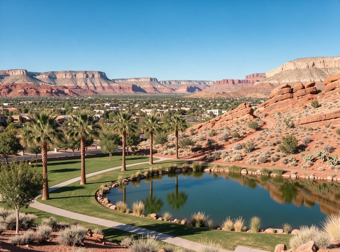 Red sandstone bluffs and green valley parks surrounding St. George, Utah in spring sunshine