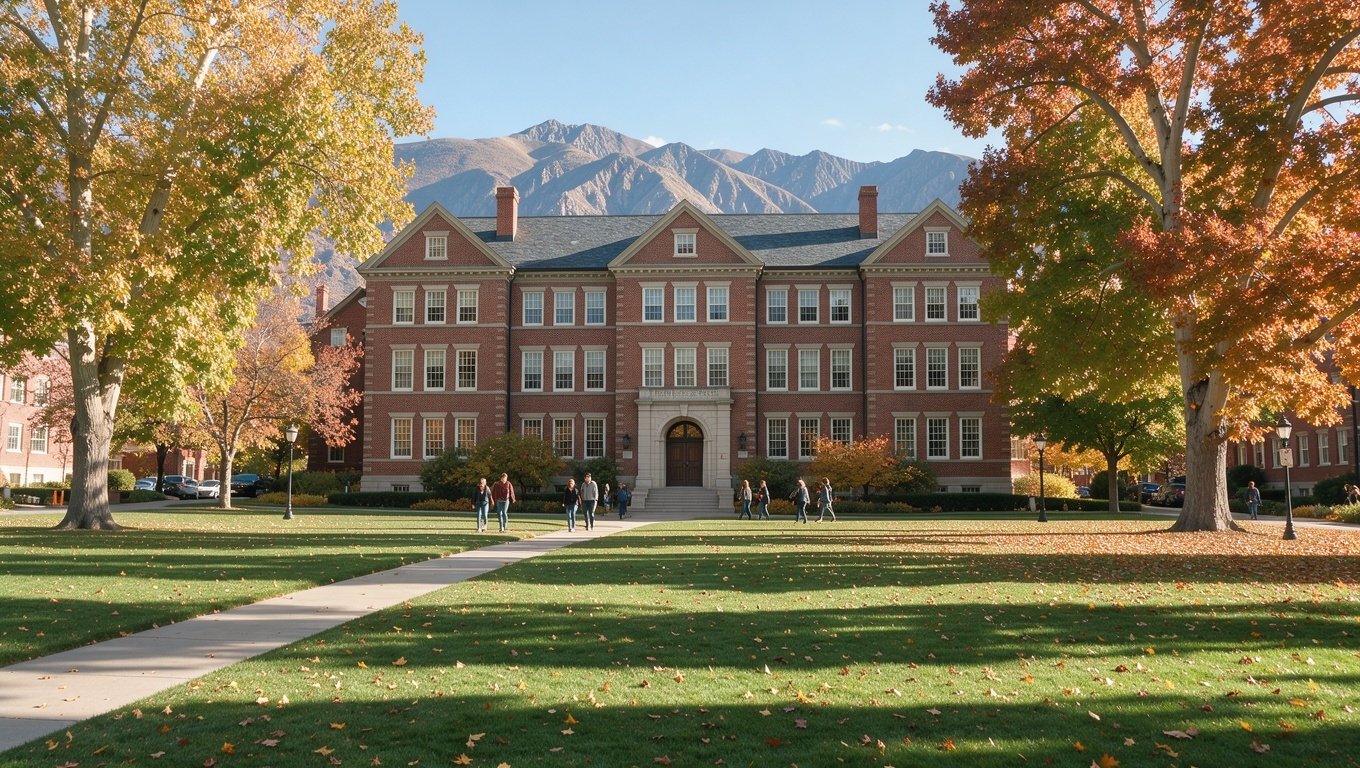 Historic red brick university buildings with green lawns and the Wasatch mountains behind, in Utah in autumn