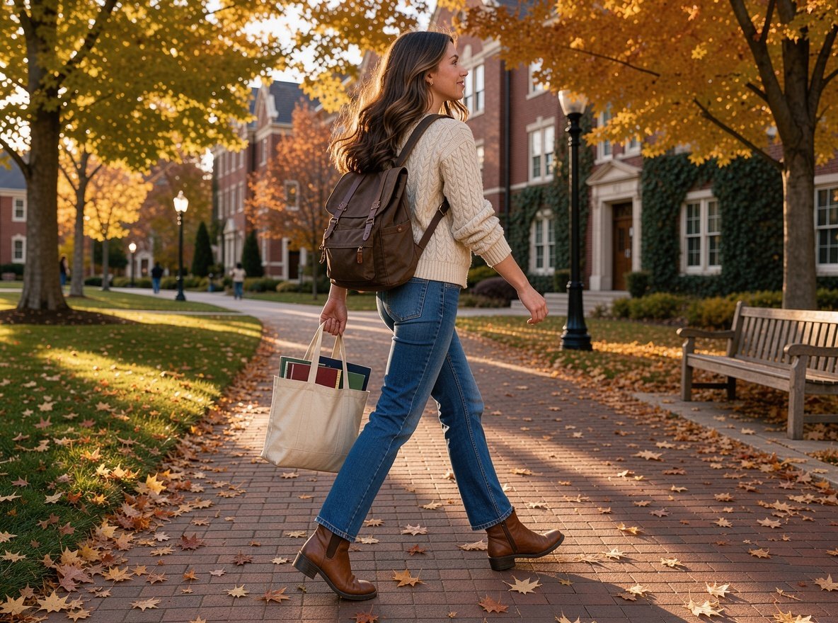 A student walking across a leafy Utah campus in autumn with a tote bag of books