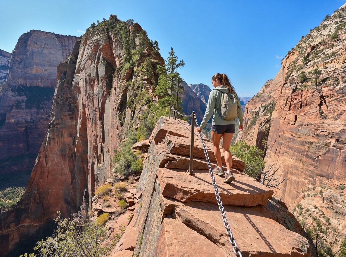 A hiker on the narrow chained ridge of Angels Landing with a deep drop on either side